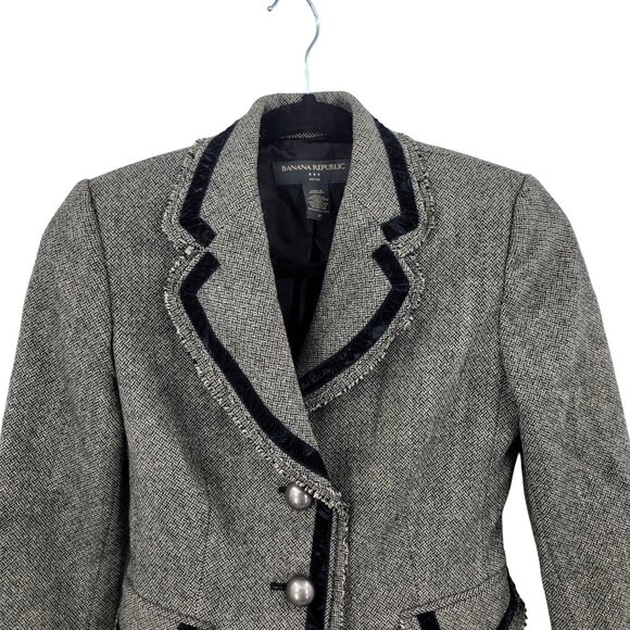 Vtg Y2K Banana Republic Petite Herringbone Blazer 2P Gray Wool Velvet Academia - Picture 4 of 8